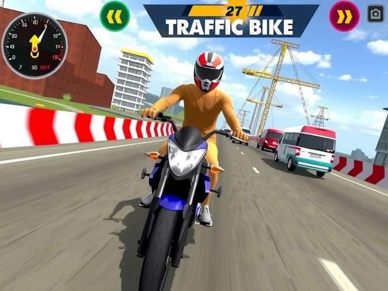 Traffic Rider gameplay showing high-speed motorcycle action on highway