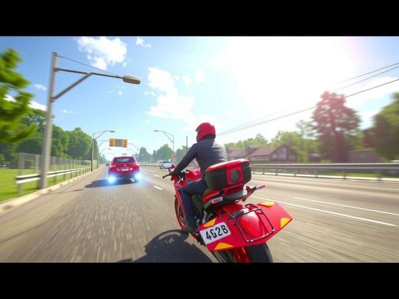 First-person perspective of a motorcycle speeding on a highway at sunset