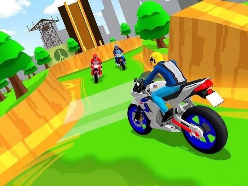 Traffic Rider in-game screenshot showing first-person motorcycle view on a highway