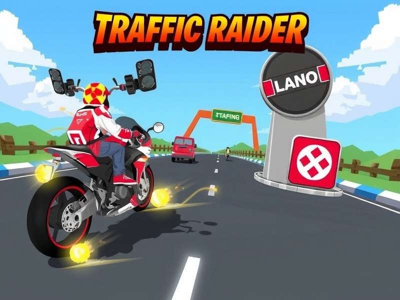 Traffic Rider gameplay screenshot showing first-person view of a motorcycle speeding on a highway
