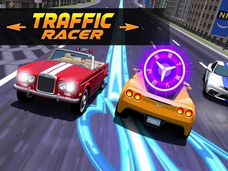 In-game screenshot of Traffic Racer showing fast-paced car driving through traffic