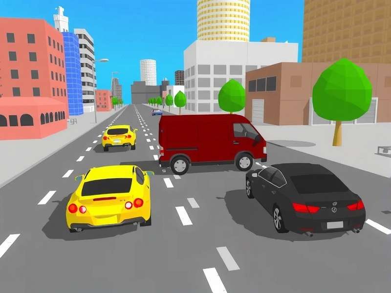 A first-person view of a motorcycle navigating dense city traffic, symbolizing Traffic Rider gameplay