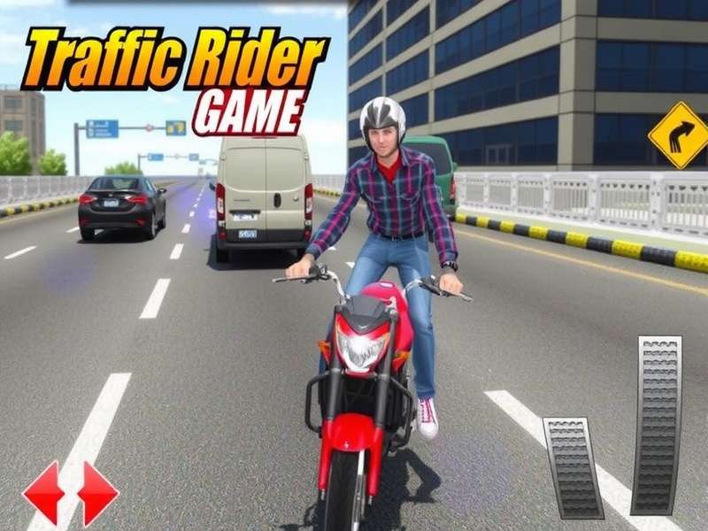 Traffic Rider gameplay screenshot showing first-person bike view on a highway