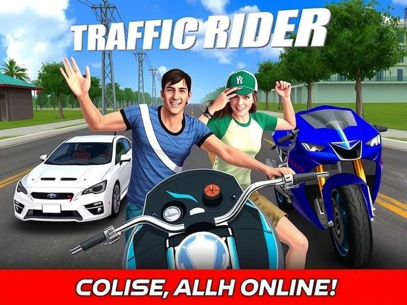 Traffic Rider gameplay screenshot showing first-person motorcycle view on highway