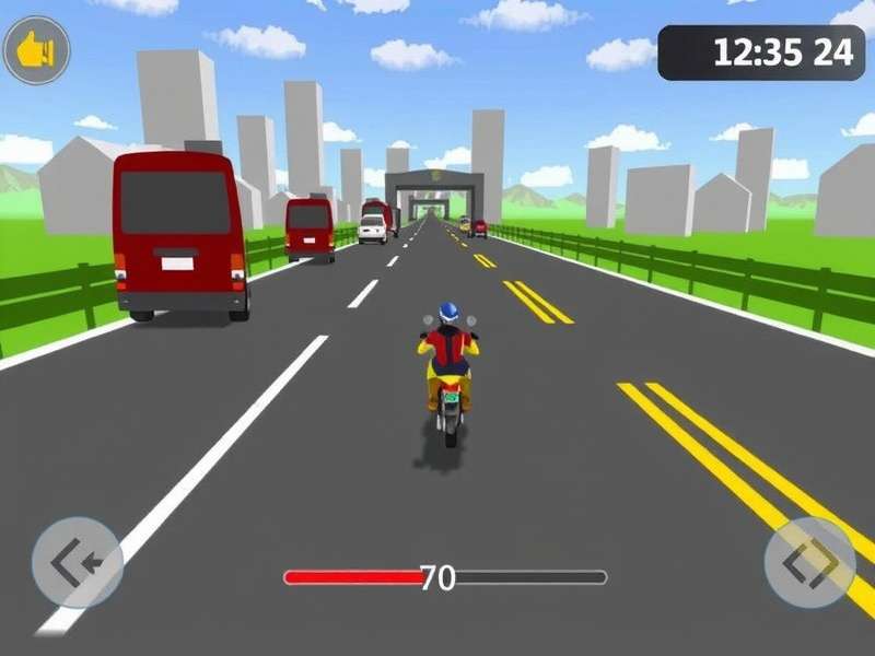 Traffic Rider gameplay screenshot showing a first-person view of a sports bike on a highway