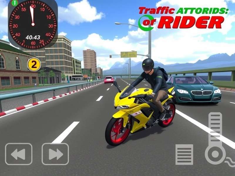 Traffic Rider Game Online gameplay screenshot showing a biker weaving through highway traffic at high speed