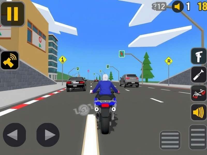 Traffic Rider Unblocked gameplay screenshot showing a motorcycle weaving through highway traffic at high speed