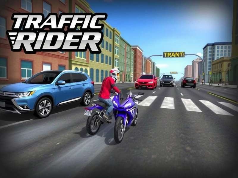 Traffic Rider gameplay screenshot showing a rider overtaking heavy traffic on a highway at sunset