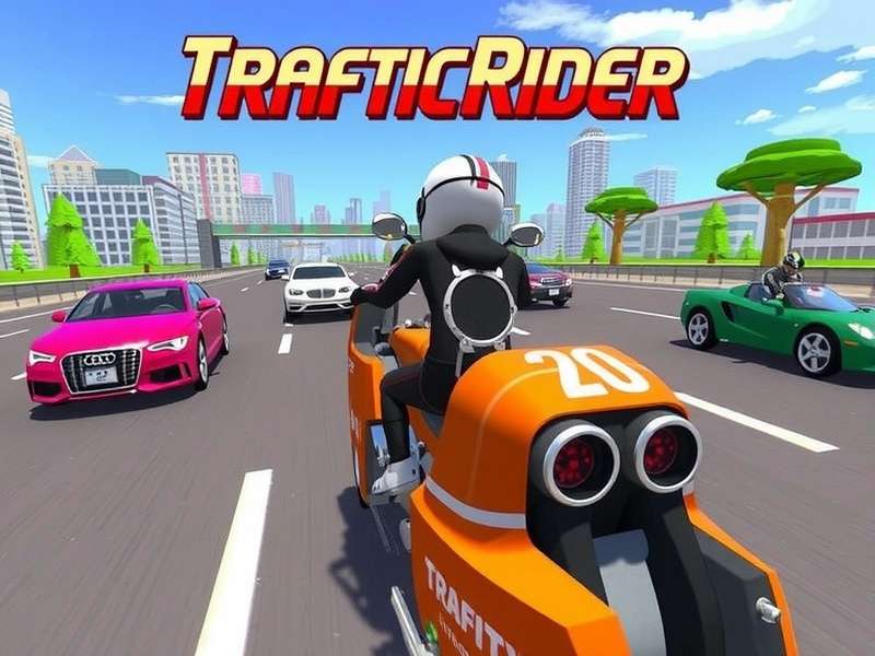 Traffic Rider Infinity gameplay showing a sport bike speeding through highway traffic at sunset