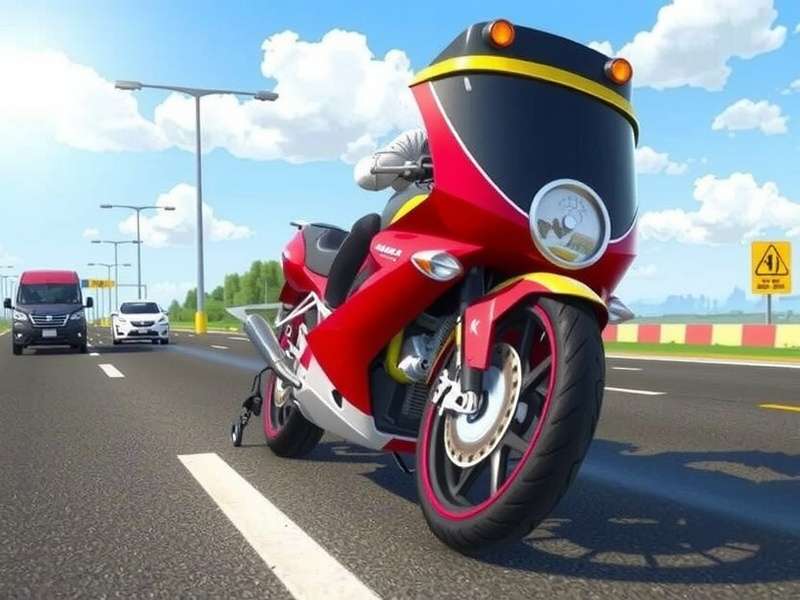 Traffic Rider iOS game action screenshot showing a motorcycle speeding through highway traffic at sunset