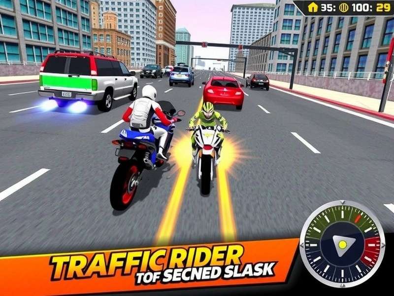 Traffic Rider Mod Apk gameplay screenshot showing high-speed motorcycle racing on a busy highway at sunset
